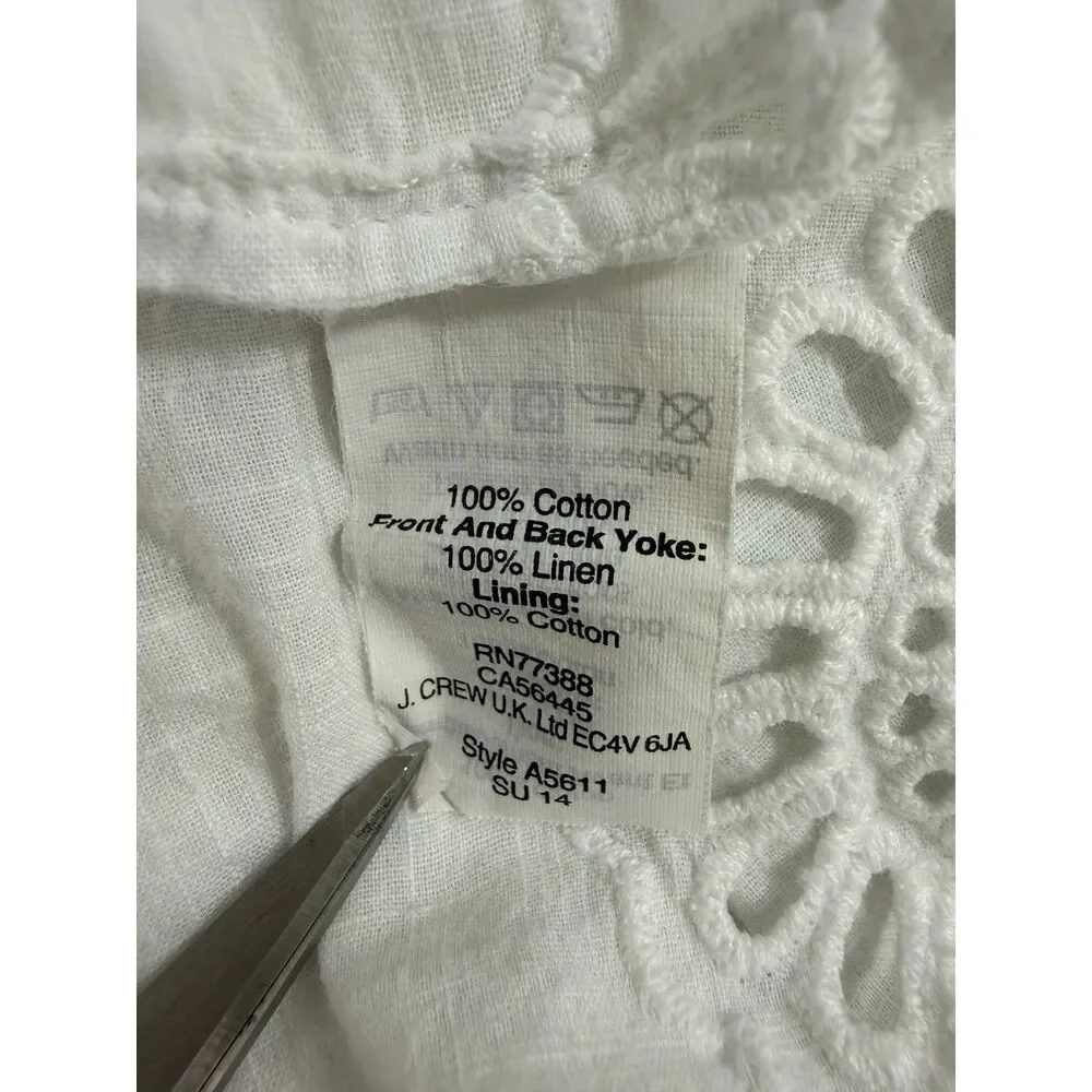 J.Crew Womens Small White Linen Cotton Eyelet Embroidered Peasant Tunic Blouse